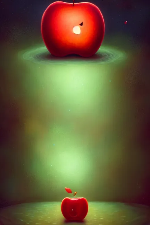 Image similar to a surreal Bioluminescent, very very very cute Red apple in a happy world by Daniel Merriam, Trending on Artstation, oil on Canvas by Elena Zhurikhina and Goro Fujita and Charlie Bowater, octane render, 4k, 8k, HD