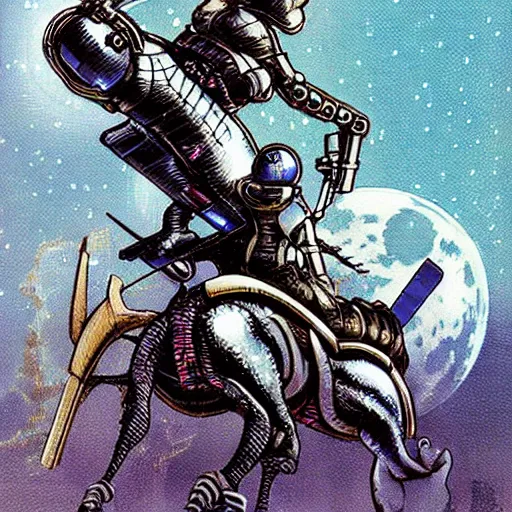 Prompt: a cybernetic knight holding a lance, riding a cyborg raptor, on the moon, sci fi, retro, illustrated by Richard Powers