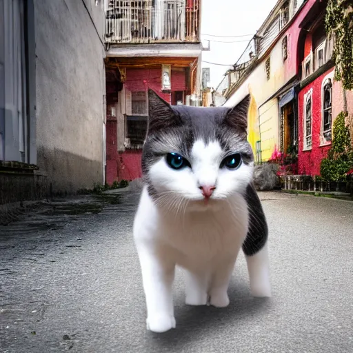 Image similar to robot cat in a street the cat's eye is red and the weather is sunny photo realistic 4 k