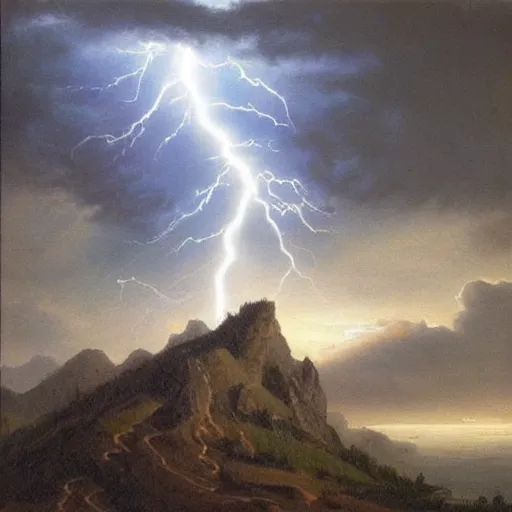 Image similar to “painting, mountain top in a storm being struck by lightning”