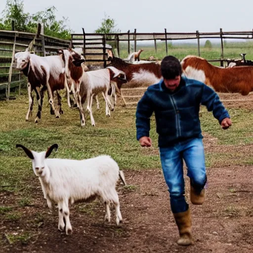 Image similar to scared guy running away from a pack of goats at the farm