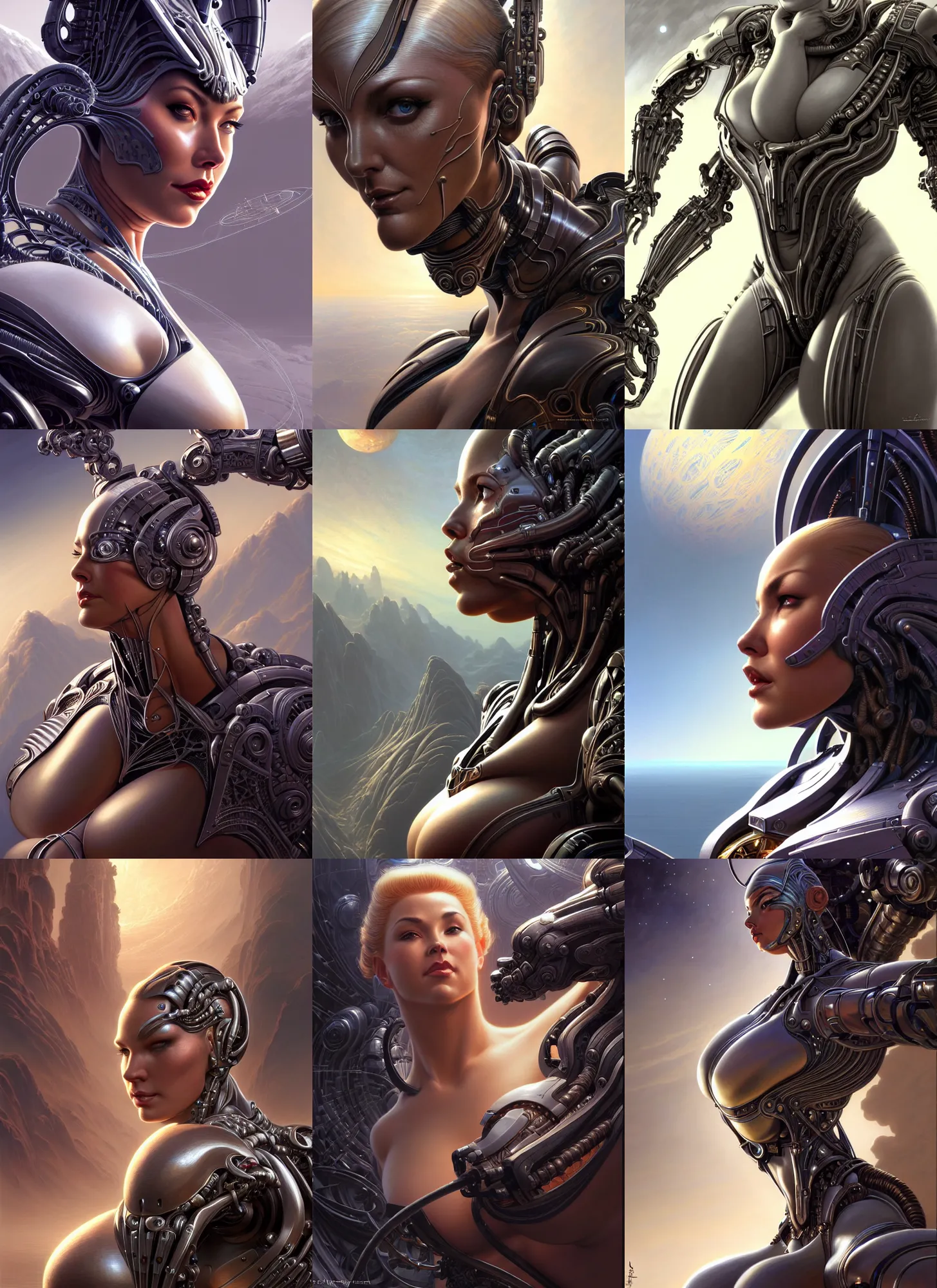 Image similar to closeup portrait shot of a large strong female biomechanic woman in a scenic scifi environment, intricate, elegant, highly detailed, centered, digital painting, artstation, concept art, smooth, sharp focus, warframe, illustration, hajime sorayama, gil elvgren, clyde caldwell, gerald brom, craig mullins, ferdinand knab