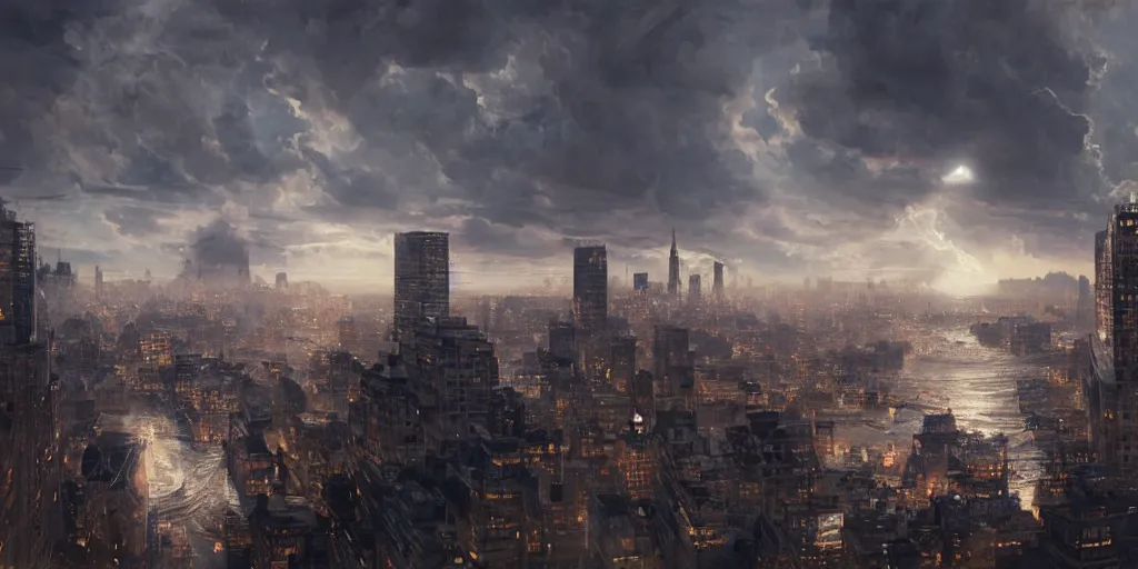 Prompt: giant tsunami sweeping over manhattan, dim volumetric lighting, 8 k octane beautifully detailed render, post - processing, extremely hyper - detailed, intricate, epic composition, cinematic lighting, masterpiece, trending on artstation, detailed detailed detailed, masterpiece, stunning art by anders zorn, wonderful masterpiece by greg rutkowski, beautiful cinematic light