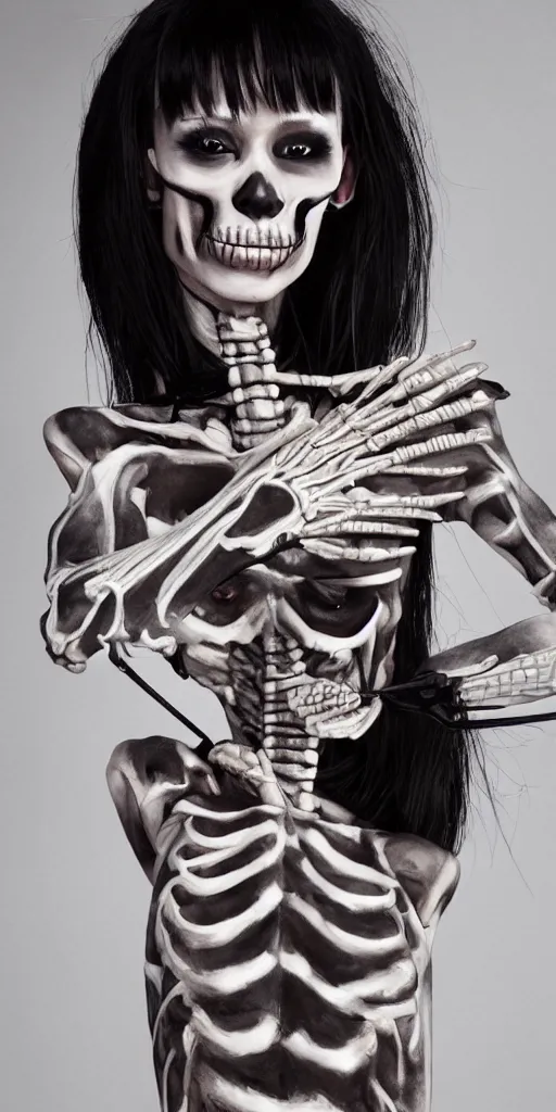 Image similar to bai ling skeleton bodypaint, hyper realistic, sharp focus, 4k, fantasy illustration