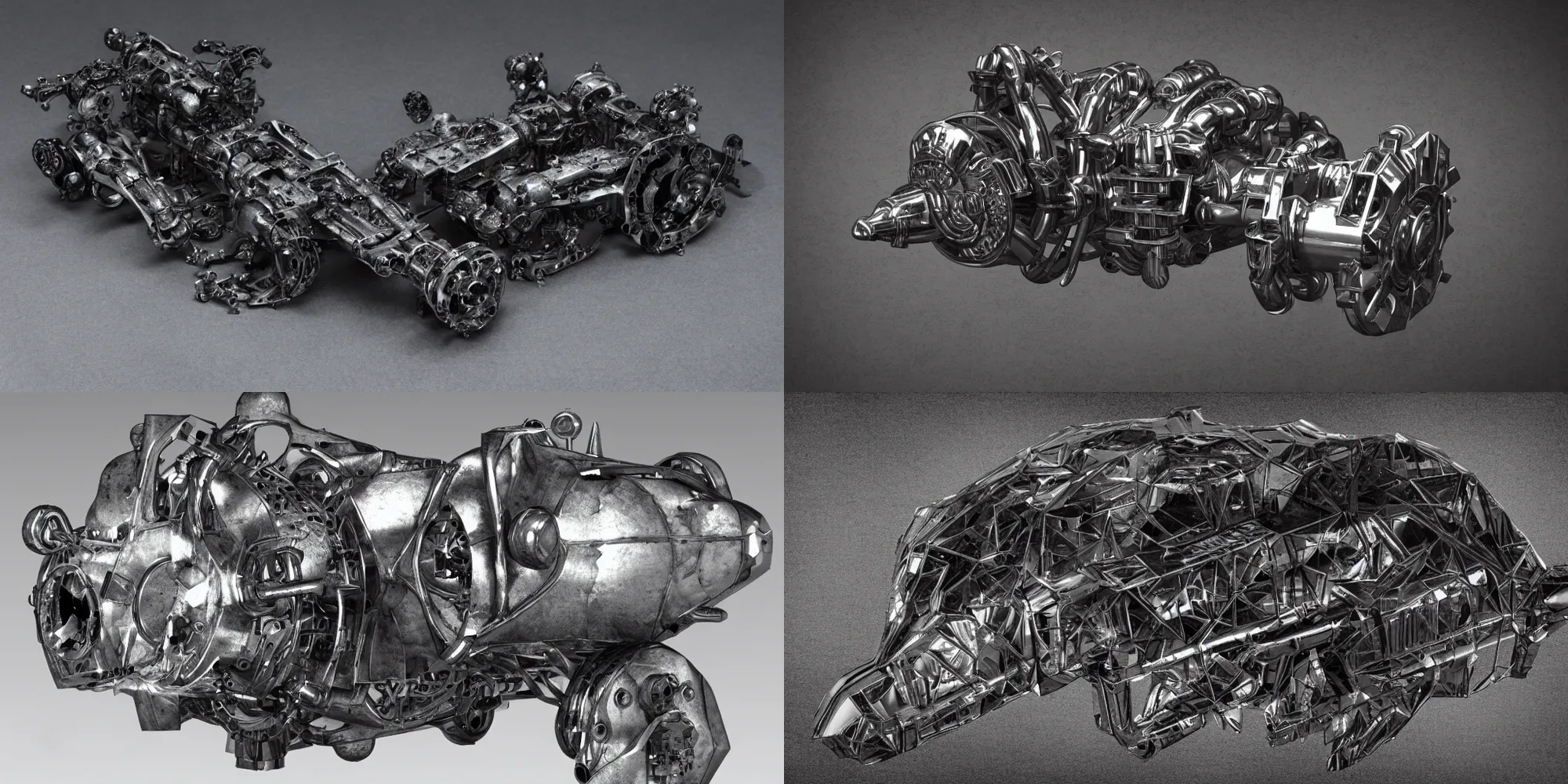 Prompt: brushed metal dark graphite creature cyborg ship engine underground mechanism