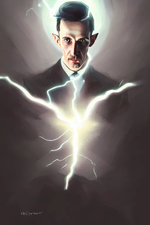 Prompt: nikola tesla, lightning, portrait, sharp focus, digital art, concept art, dynamic lighting, epic composition, trending on artstation, by emylie boivin 2. 0, rossdraws 2. 0