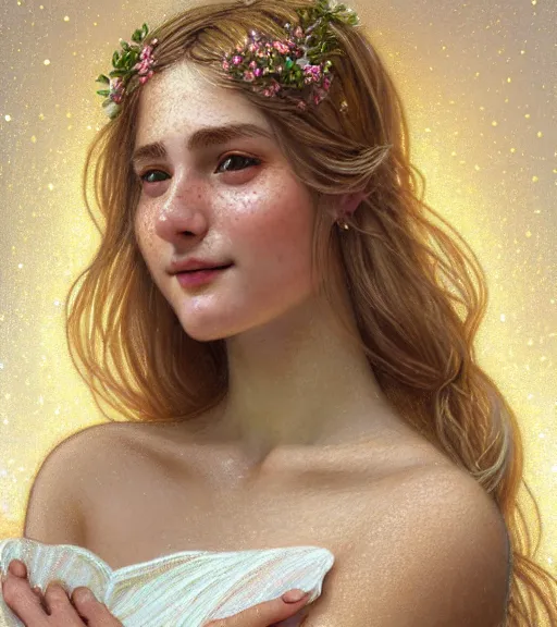 Prompt: portrait of teenage aphrodite, light freckles, dirty blonde hair, smiling kindly, wearing an embroidered white linen dress, lace neckline, intricate, elegant, mother of pearl jewelry, glowing lights, highly detailed, digital painting, artstation, concept art, smooth, sharp focus, illustration, art by wlop, mucha, artgerm, and greg rutkowski