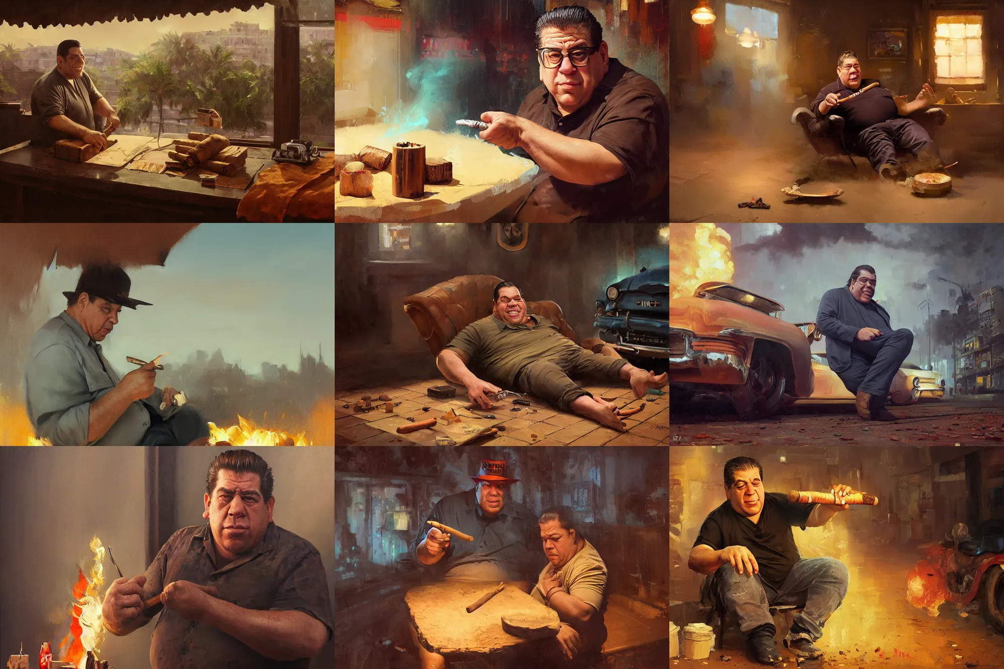 Prompt: an oil painting of uncle joey diaz rolls a cuban cigar, ultra realistic, highly detailed, masterpiece, cinematic by greg rutkowski, frank frazetta, beeple, christian macnevin, beeple, wlop, krenz cushart, epic character art, volumetric lighting, cgsociety