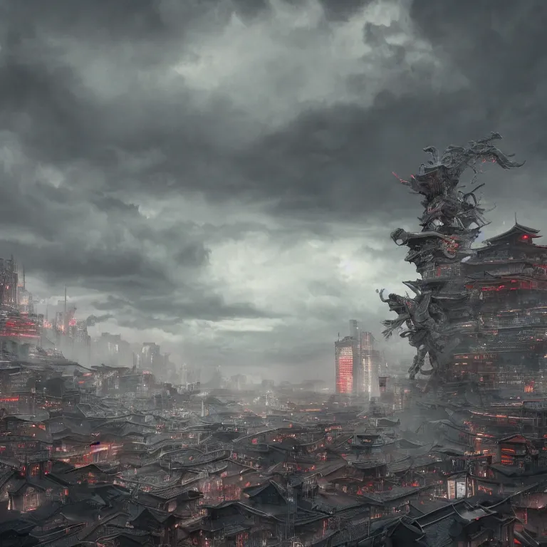 Image similar to evil robot attacking feudal japan city, moody sky, dramatic lighting, painted by James Jean and Wayne Barlowe and moebius, high details , cinematic, denoised, octane render, fog, spooky, cgsociety 8k