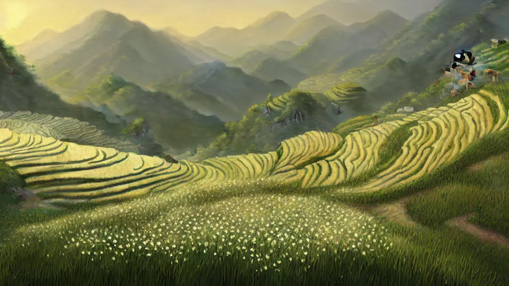 Prompt: terraced fields on the hills with little white flowers in the early morning ， china ， greg rutkowski and thomas kinkade, trending on artstation