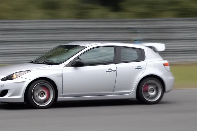 Prompt: black GT4 Mazdaspeed3 Gen 1 hatchback black plain livery simple, racing on highway photo 2008 cinematic motion blur dof