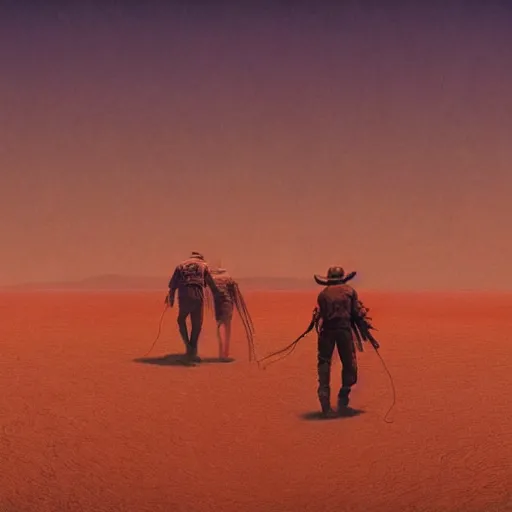 Image similar to group of cowboys walking through the red martian desert, retrofuturism sci - fi old movie, highly detailed, photorealistic, 8 k, by beksinski and stalenhag