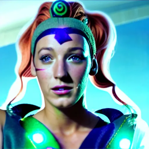 Image similar to cinematic scene with blake lively as jolyne from jojo's bizarre adventure, live action film, stone ocean, dramatic, small details, volumetric lighting, still frame