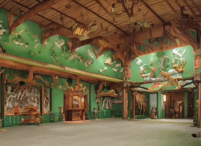 Image similar to main hall with horse statues, green and brown decorations by studio ghibli painting