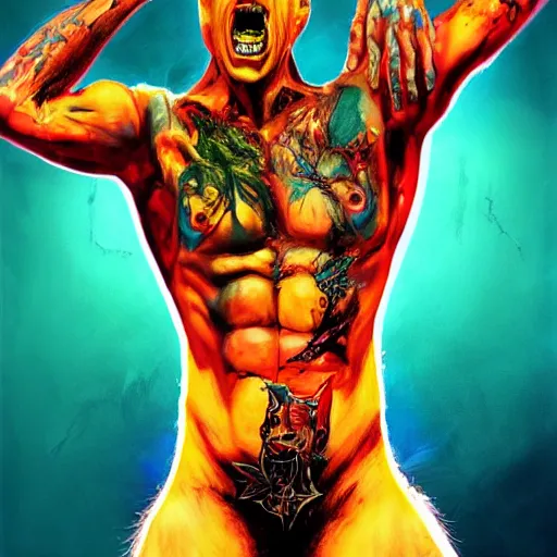 Prompt: Bright, colorful, realistic Serial killer rpg single individual full body shot gore covered with scars and tattoos screaming, backlighting, kodachrome, high contrast, highly detailed, sharp focus, digital painting, concept art, illustration, trending on artstation, comic book by Alex Ross cover art