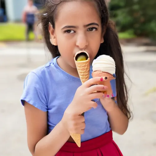 Prompt: young bemused girl wearing skirt and eating an ice cream cone.