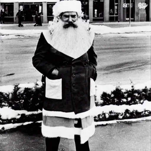 Image similar to stalin standing outside mcdonalds, dressed as santa, color historical photo