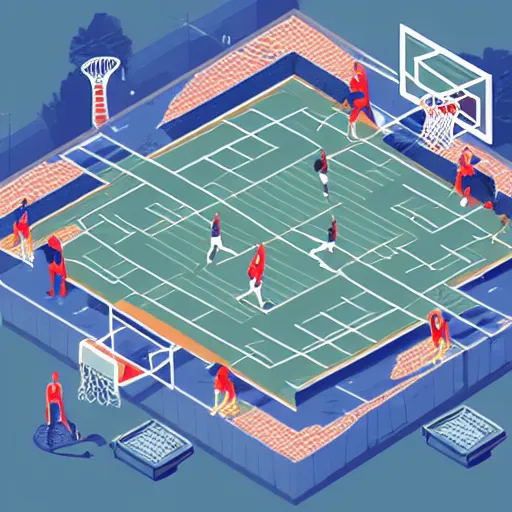 Prompt: an isometric basketball court in space