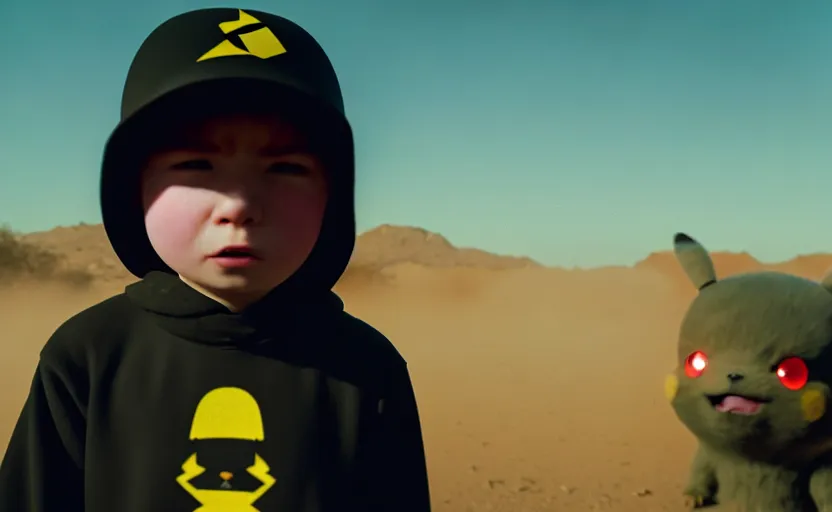 Image similar to cinestill 5 0 d candid photographic portrait by helen levitt of pikachu wearing black rugged techwear on a desolate plain, extreme closeup, modern cyberpunk moody emotional cinematic, dust storm, 8 k, hd, high resolution, 3 5 mm, f / 3 2, ultra realistic faces, detective pikachu ( 2 0 1 9 )