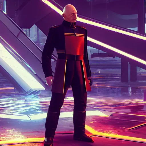 Image similar to tyrant captain picard tng, in cyberpunk 2 0 7 7 cp 2 0 7 7