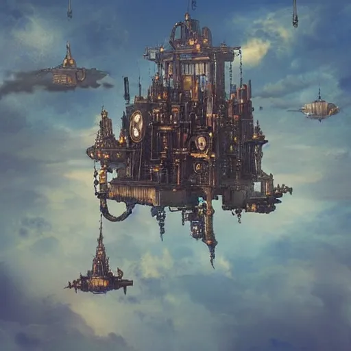 Prompt: flying city in a bronze lotus, sky, steampunk!!!, fantasy art, steampunk, masterpiece, octane