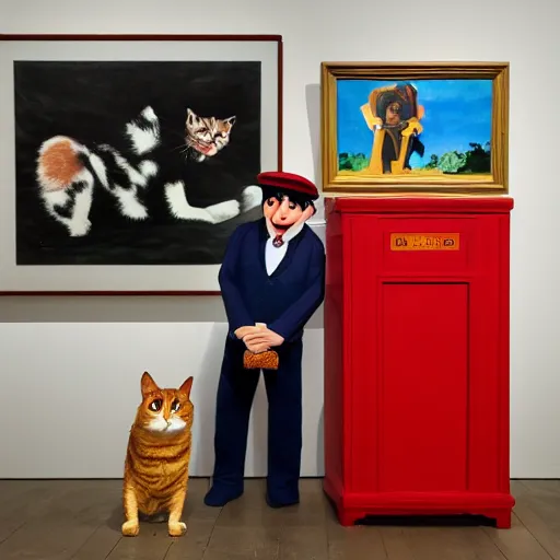 Image similar to postman pat in an art gallery with his cat jess, white gallery, performance art, contemporary, photorealistic