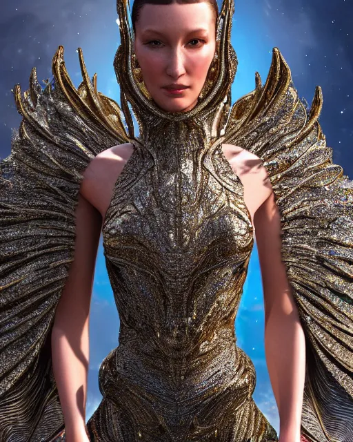 Image similar to a highly detailed metahuman 4 k close up render of an alien goddess bella hadid as alien in iris van herpen dress schiaparelli in diamonds crystals swarovski and jewelry iridescent in style of alphonse mucha gustav klimt trending on artstation made in unreal engine 4