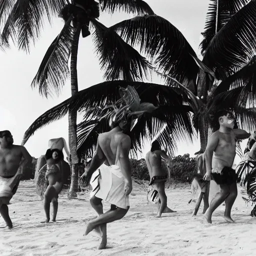 Image similar to samoan hippies from the 6 0 s dancing around a beach, nostalgic, sunny, coconut trees in the background, film, cinematic, kodak film, 3 5 mm, 8 k, 4 k