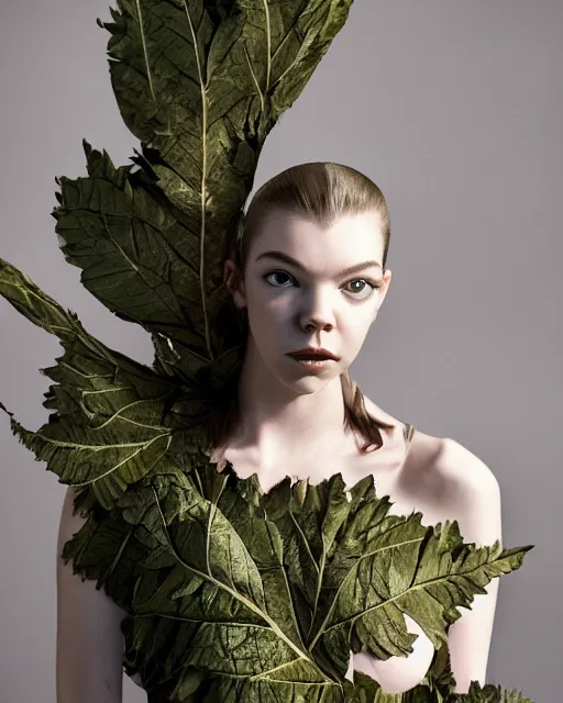 Prompt: gorgeous super model anya taylor - joy wearing a risque outfit made from leaves, half body portrait, greg kutkowski, sharp details, soft lighting, subsurface scattering, pearls of sweat, glistening skin, warm lighting