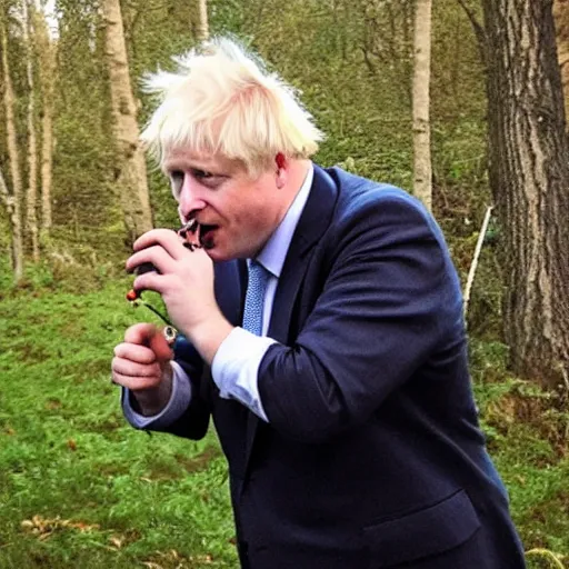 Prompt: trail camera footage of Boris Johnson at night smoking a cigarette