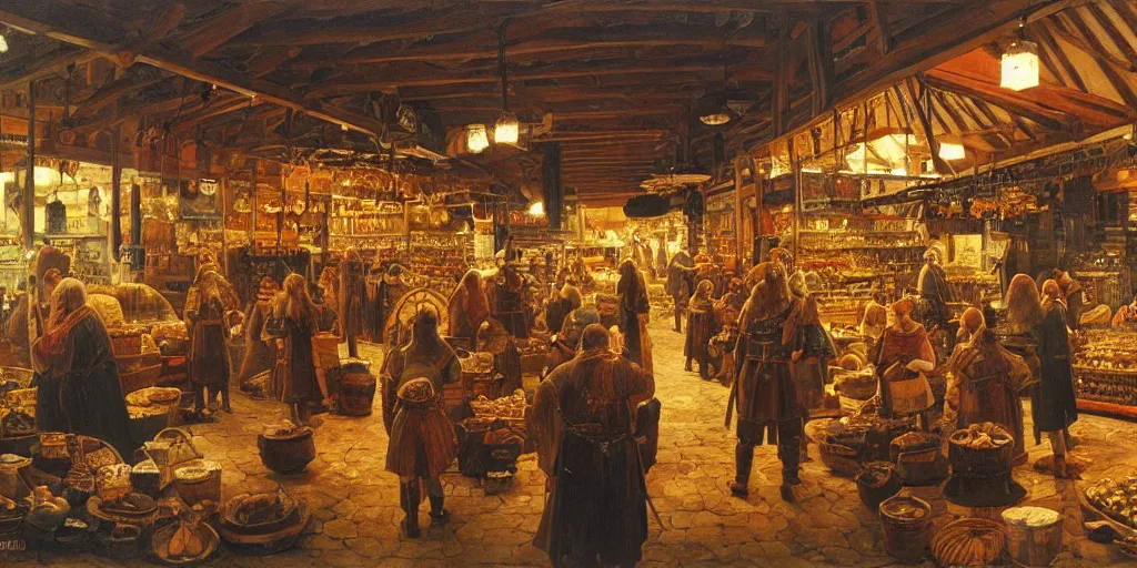 Image similar to Highly detailed viking period oil painting of aviking market, strong atmosphere, oil painting masterpiece by Josep Tapiró Baró, symmetry, fractals