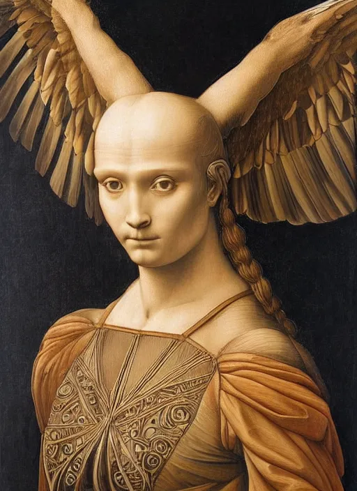 Image similar to Half human, half eagle, symetry, very detailed, painting in style of Leonardo Da Vinci