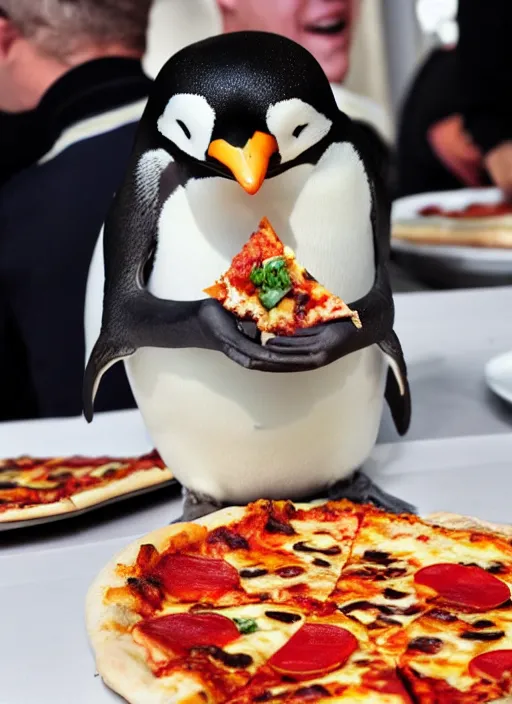 Image similar to a penguin eating a slice of pizza