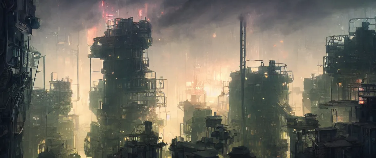 Prompt: dystopian city of factories, lots of smoke rising from chimneys, concept art, digital painting, style of jordan grimmer, dark green lighting, futuristic, volumetric lighting, view from below, symmetrical, vivid colours, bright, daytime, godrays, high detail