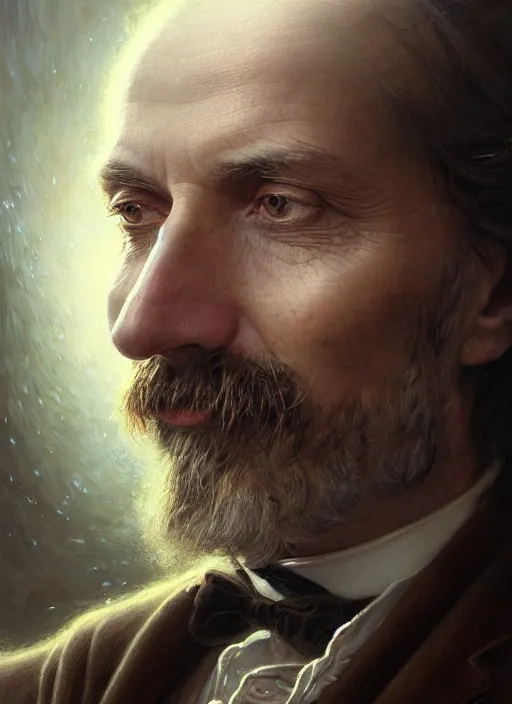 Prompt: closeup portrait shot of a victorian doctor in a scenic mystery environment, intricate, elegant, highly detailed, centered, digital painting, artstation, concept art, smooth, sharp focus, illustration, artgerm, tomasz alen kopera, peter mohrbacher, donato giancola, joseph christian leyendecker, wlop, boris vallejo