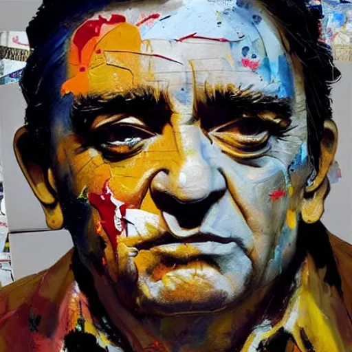 Image similar to hyperrealistic, photorealistic, mixed media oil painting of johnny cash, magazine scraps, plaster, blood, oil, mustard, cigarettes, splatter, trending on artstation, award - winning painting, greg rutkowski, basquiat, ralph steadman, terry gilliam