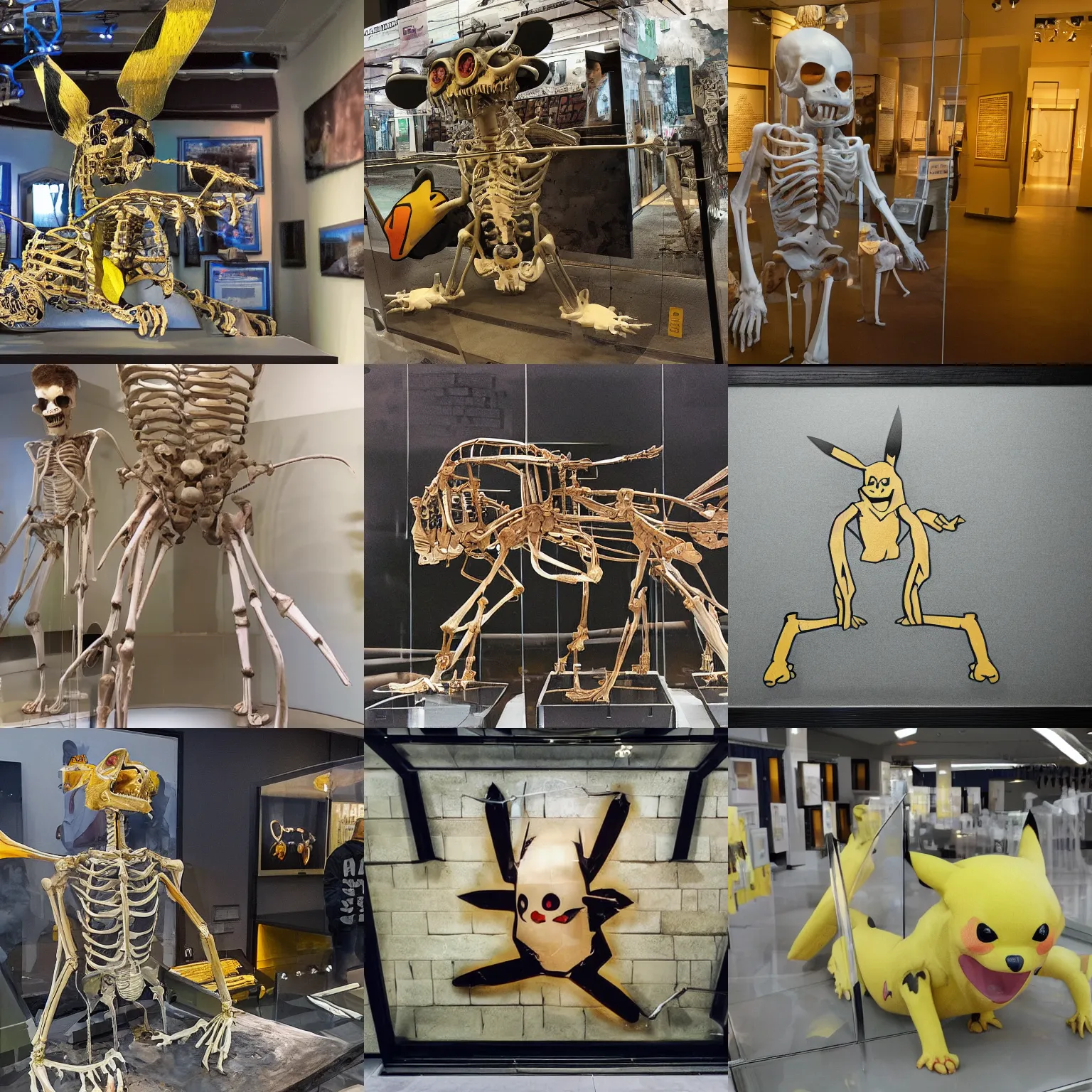 Prompt: photo of a pikachu skeleton on display in a museum