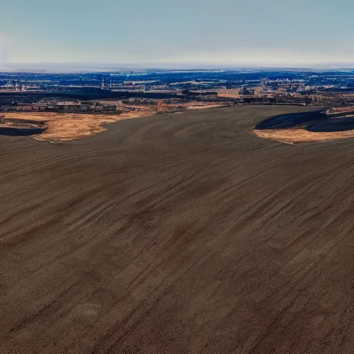 Prompt: panorama of a photorealistic burnt grassland with a town in the process of being built, 4 k, 8 k, cinematic photography, landscape photography