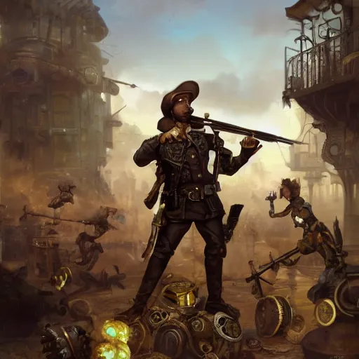 Image similar to oil painting of anthropomorphized hamster legion holding rifles, steampunk clothes, steampunk city background, sharp focus, fantasy style, octane render, volumetric lighting, 8k high definition, by greg rutkowski, highly detailed, trending on art Station, dungeons and dragons artwork, centered