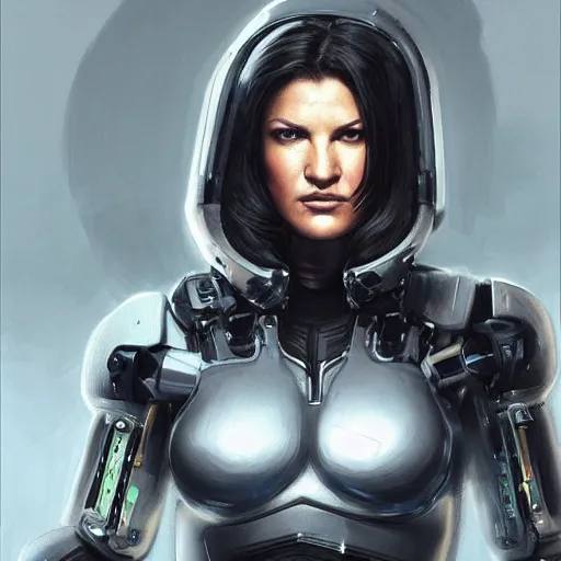 Image similar to gina carano with robotic cybernetic metallic grey left arm, casual pose, large portrait, cyberpunk, digital painting, artstation, concept art, smooth, 8 k frostbite 3 engine, ultra detailed, art by artgerm and greg rutkowski and magali villeneuve