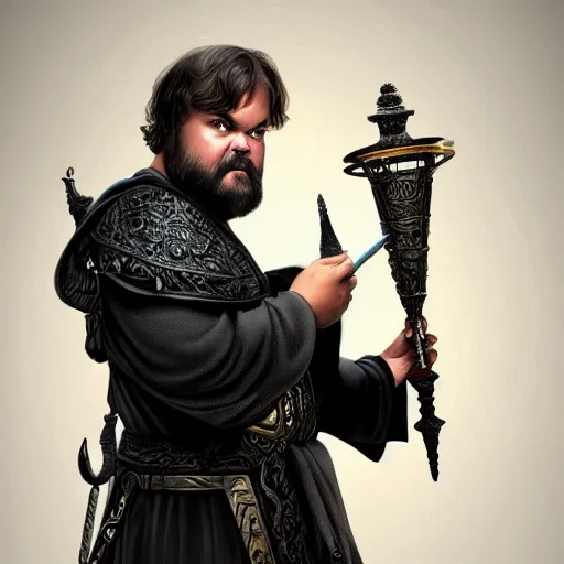 Prompt: professionally-painted ultradetailed ornate RPG award winning masterpiece illustration of Jack Black, fully clothed with black robe with silver ornates, digital airbrush painting, 3d rim light, hyperrealistic, artstation, cgsociety, kodakchrome, golden ratio