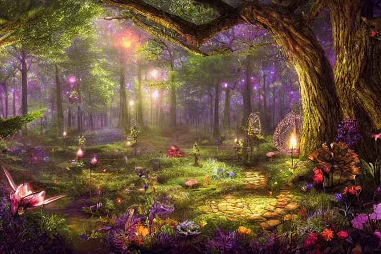 An enchanted forest, it is nighttime, there are flying
