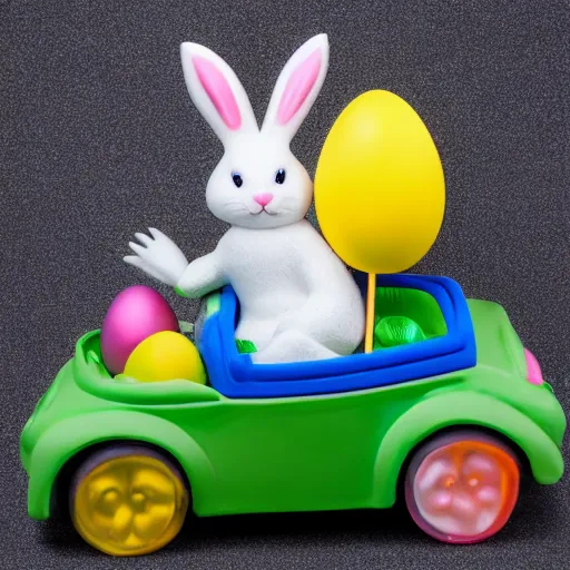 Image similar to easter bunny riding a convertible, studio photo, high quality