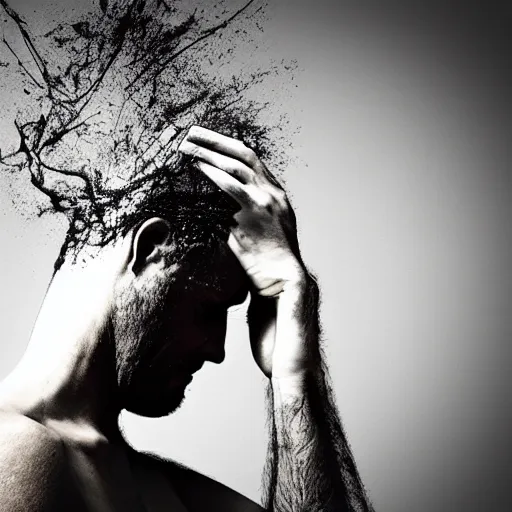 Image similar to Man thinking with hands on head, dissolving, philosopher. Simple. Abstract art.