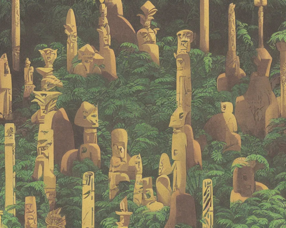 Image similar to Art Deco print of miniature stone tiki idols and totem poles in the jungle by Hasui Kawase and Lyonel Feininger.