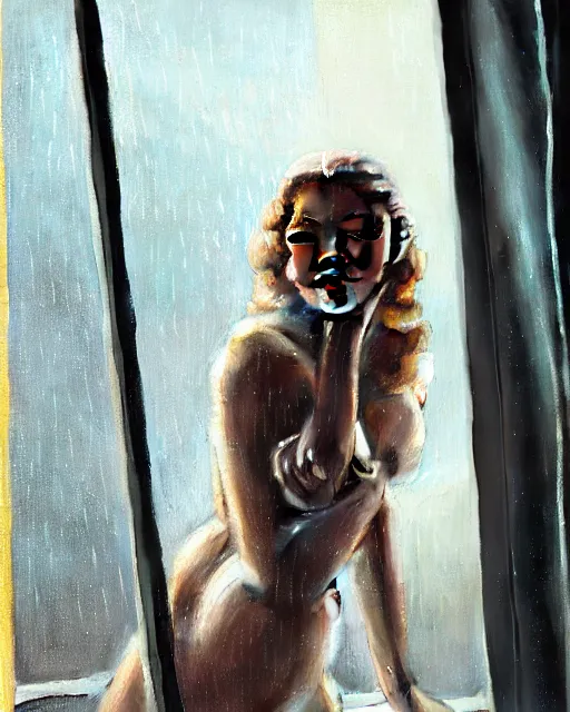 Prompt: photo of sasha pieterse in 1 9 3 0 s penthouse rainy window, oil painting, by enoch bolles, greg rutkowski, ross tran, artgerm, wlop glossy skin, intricate architectural detail, pearlescent, very coherent, cute