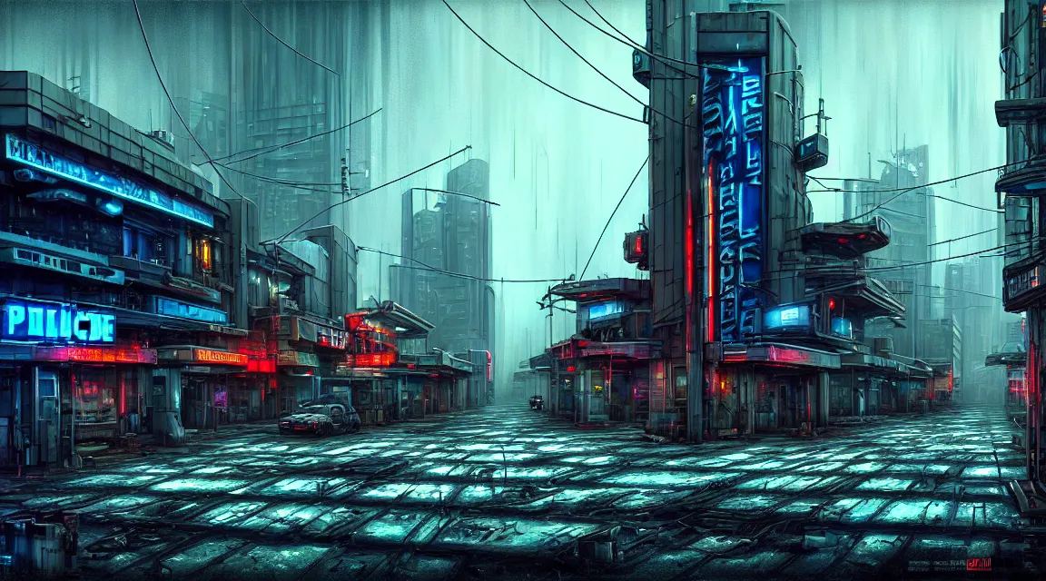 Prompt: post apocalyptic cyberpunk police station, building, avenue, urban architecture, americana architecture, concrete architecture, cloudy sky, paved roads, in the style of guido borelli, trending on artstation, photorealistic, wild vegetation, utopian, futuristic, blade runner, vivid colors scheme, neon signs, sharp, clear, focus