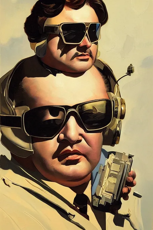 Prompt: chubby rich evans from rlm as space cop, sunglasses, star on chest, painting by jc leyendecker!! phil hale!, angular, brush strokes, painterly, vintage, crisp