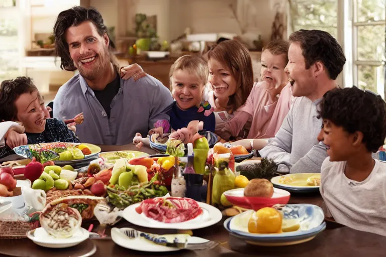 Image similar to an image of a large traditional family sitting around the table for dinner but one of the kids is floating above the table, perfect faces