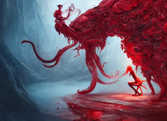 Image similar to woman in love sit upon a scarlet coloured beast, pain, light effect, hyper detailed, intricate, elegant, highly detailed, digital painting, artstation, concept art, matte, sharp focus, illustration, by james jean, andrei riabovitchev, marc simonetti, yoshitaka amano